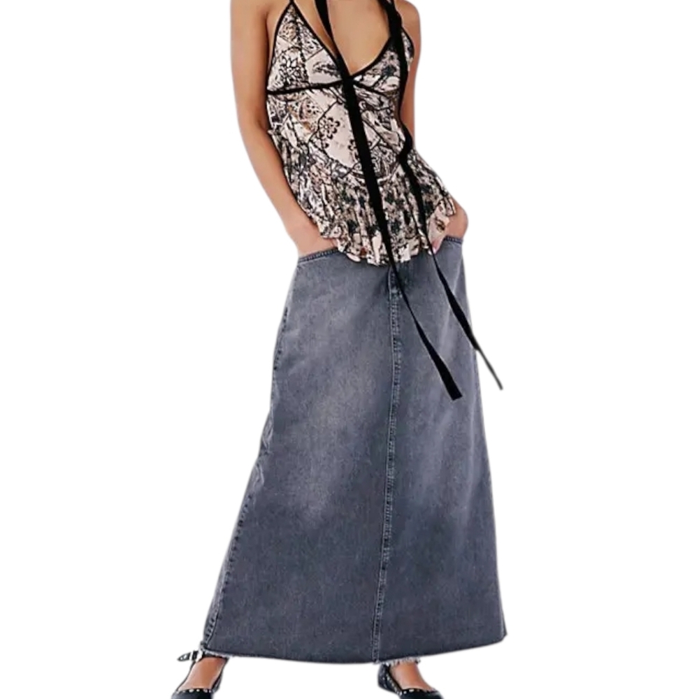 Free People Come As You Are Denim Maxi Skirt Grey A Line Mineral Wash 90s 10 NWT